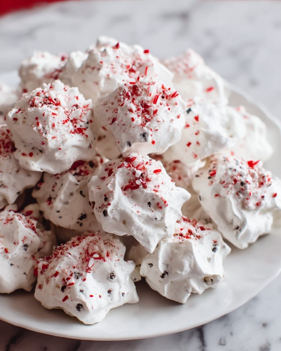 The image shows many white meringue cookies piled on a white plate, each with a rough, airy texture and slightly irregular shapes. They have small black bits mixed inside and are topped with crushed red and white candy pieces, giving a speckled look on the top of each cookie. The plate sits on a white marbled surface. Photo taken with an iphone --ar 4:5 --v 7