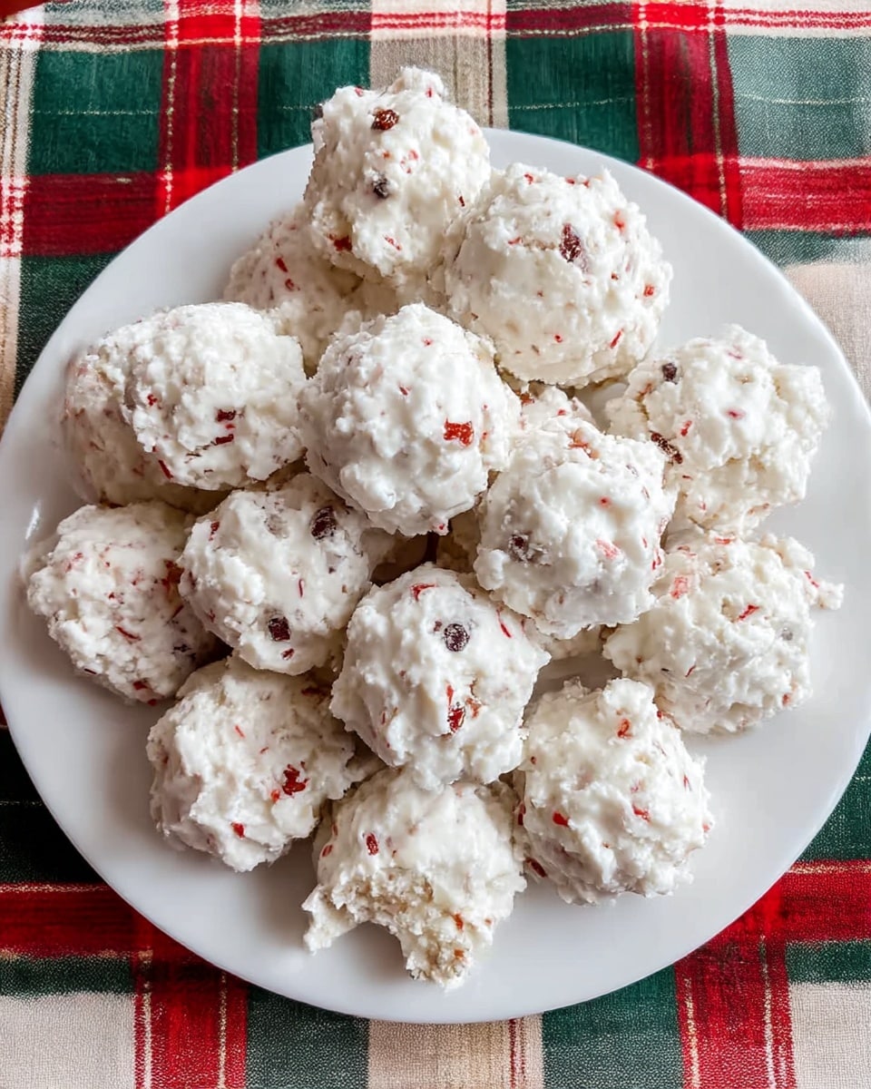 A white plate filled with about sixteen round dollops of a white textured treat that looks fluffy and rough, each piece mixed with small red and dark bits that are unevenly spread across the surface, giving them a speckled look; the treats pile on top of each other in a casual way, with some showing bits broken off. The plate sits on a cloth that has a plaid pattern made of green, red, beige, and white lines. Photo taken with an iphone --ar 4:5 --v 7