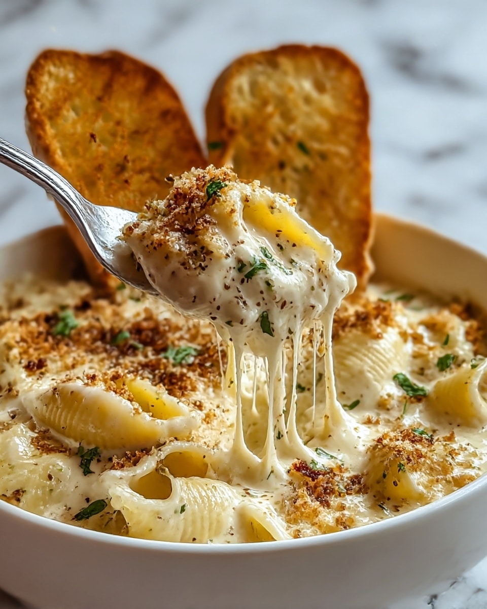 A white bowl filled with three layers of pasta shells covered in creamy, thick white cheese sauce, sprinkled with browned breadcrumbs and bits of green herbs. Two toasted golden brown bread slices stand upright at the back of the bowl. A silver fork lifts a pasta shell, showing melted stretchy cheese and herbs on its surface. The background is a white marbled texture. Photo taken with an iphone --ar 4:5 --v 7