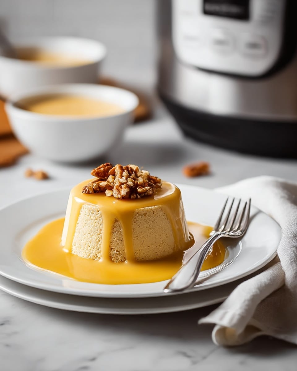 A small round cake with a light beige, soft texture sits in the center of a white plate, covered by a thick, smooth, golden yellow sauce that drips down the sides and pools around the base. On top of the cake, there is a small pile of crunchy, brown nuts as garnish. The plate is placed on another larger white plate, which holds a silver fork resting beside the cake. A white cloth napkin is gently folded and placed near the plate, all set on a white marbled surface. In the background, there are blurred kitchen items including a small white bowl with a creamy beige sauce and part of a metallic cooking appliance. photo taken with an iphone --ar 4:5 --v 7