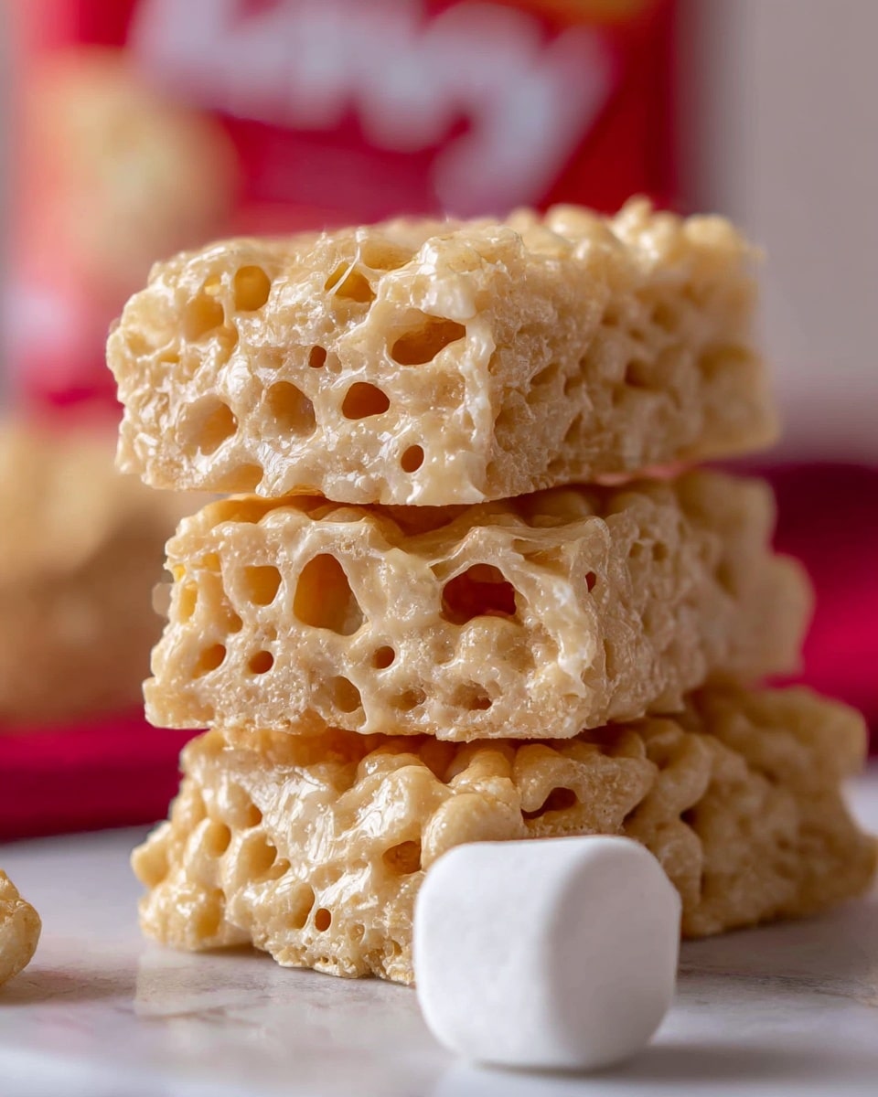 A close-up view of a stack of three crispy, pale golden cereal bars with a shiny, gooey texture from melted marshmallow binding the puffed rice pieces together. The bars have an irregular, lacy surface with small holes and a slightly glossy finish. A single small white marshmallow sits on the white marbled surface next to the stack. The background is blurred with red and light beige colors hinting at the cereal packaging. Photo taken with an iphone --ar 4:5 --v 7