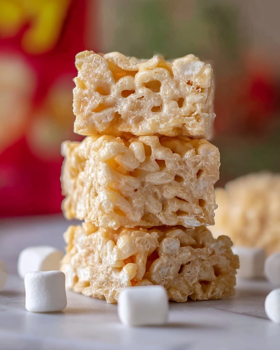 Three square-shaped rice crispy treats are stacked on top of each other on a white marbled surface. Each treat has a light golden color with a slightly glossy texture, showing the puffed rice cereal mixed with melted marshmallows. Small white mini marshmallows are scattered nearby. The background is blurred with hints of red and green, adding warm tones to the image. Photo taken with an iphone --ar 4:5 --v 7