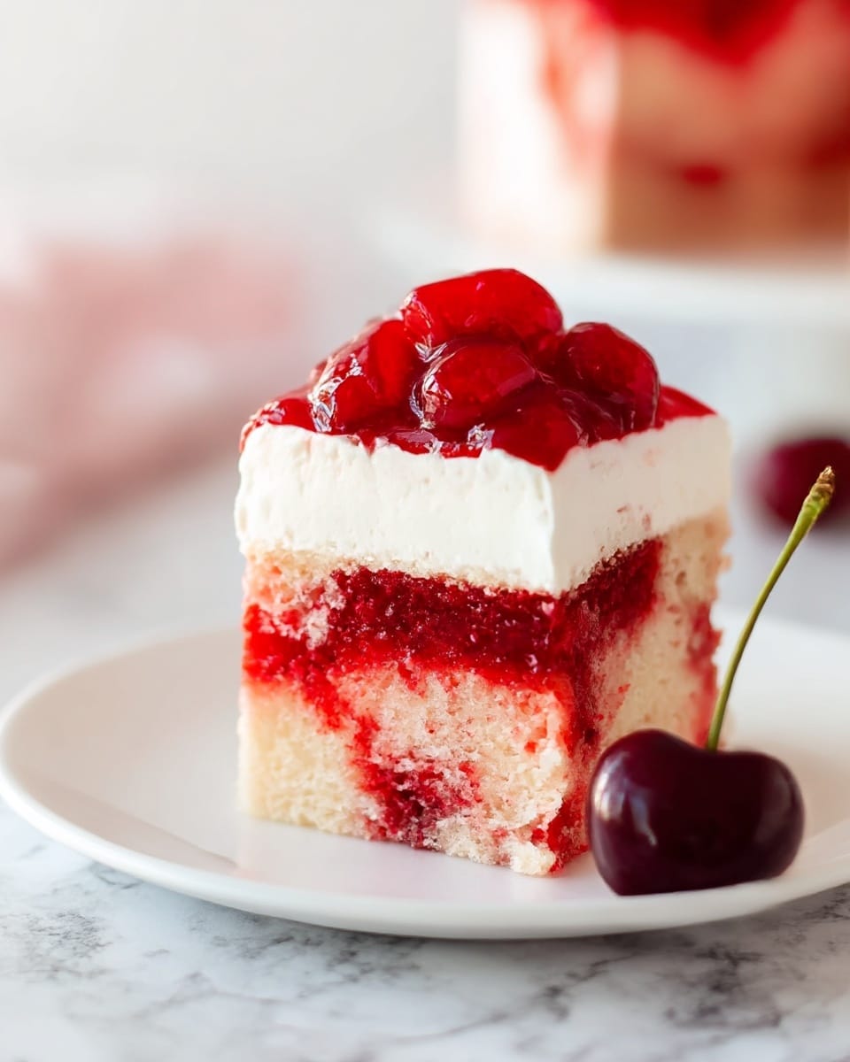 The image shows a single square piece of cake on a white plate placed on a white marbled surface. The cake has three layers: the bottom layer is light beige with red syrup soaked into it, creating a marbled red and beige texture; the middle layer is a thin band of bright red syrup; the top layer is a thick, smooth white cream. On top of the white cream, there is a glossy red cherry topping with whole cherries covered in syrup, creating a shiny and slightly sticky look. Next to the cake slice, a dark red cherry with its stem is placed on the plate. The background is softly blurred with hints of white and red. photo taken with an iphone --ar 4:5 --v 7