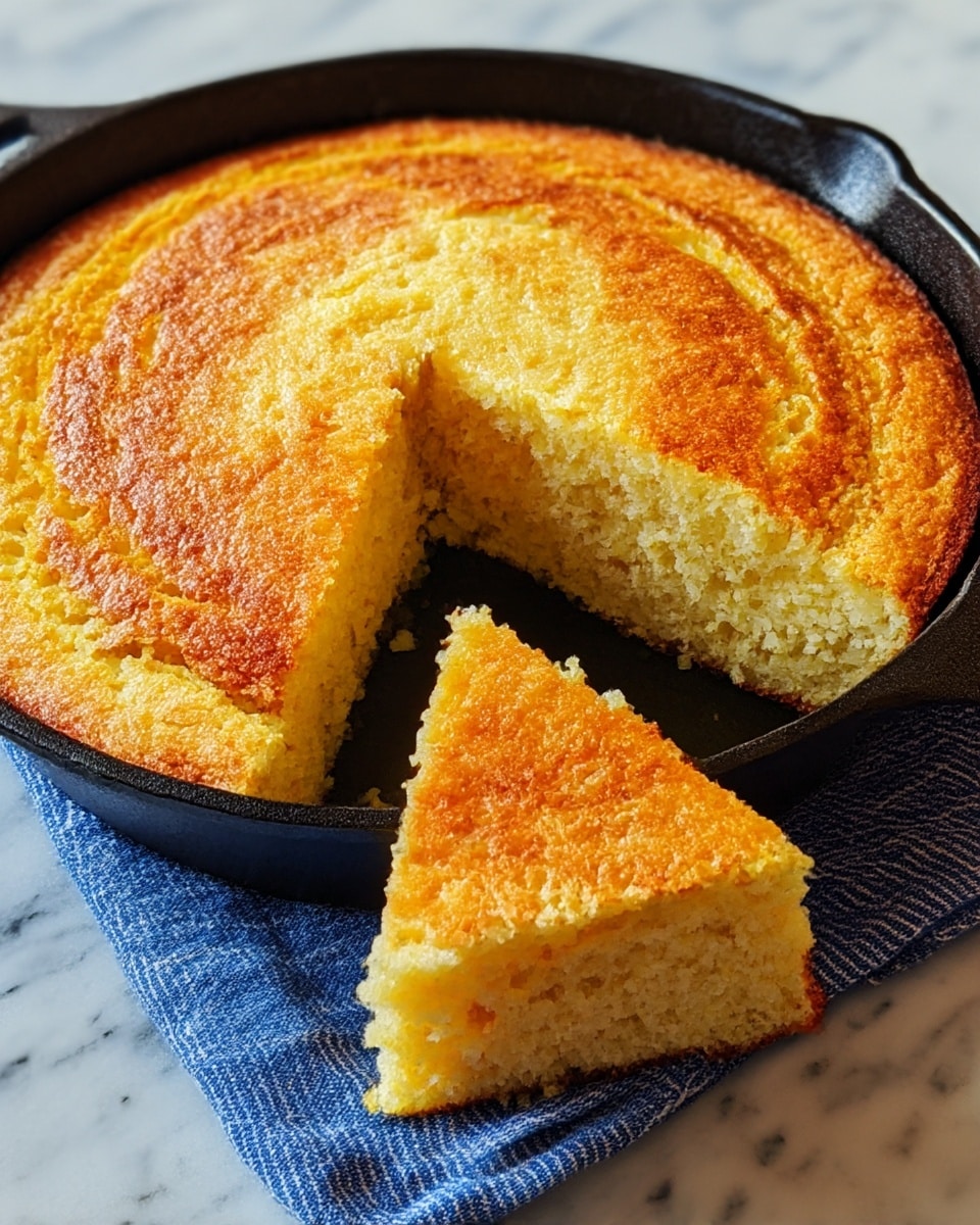 A close-up show of one-layer golden-yellow cornbread with a moist and crumbly texture inside and a slightly crispy, shiny crust on top, baked in a black cast iron pan placed on a white marbled textured surface with a blue cloth underneath. A slice is cut out from the cornbread, revealing the soft inside. photo taken with an iphone --ar 4:5 --v 7