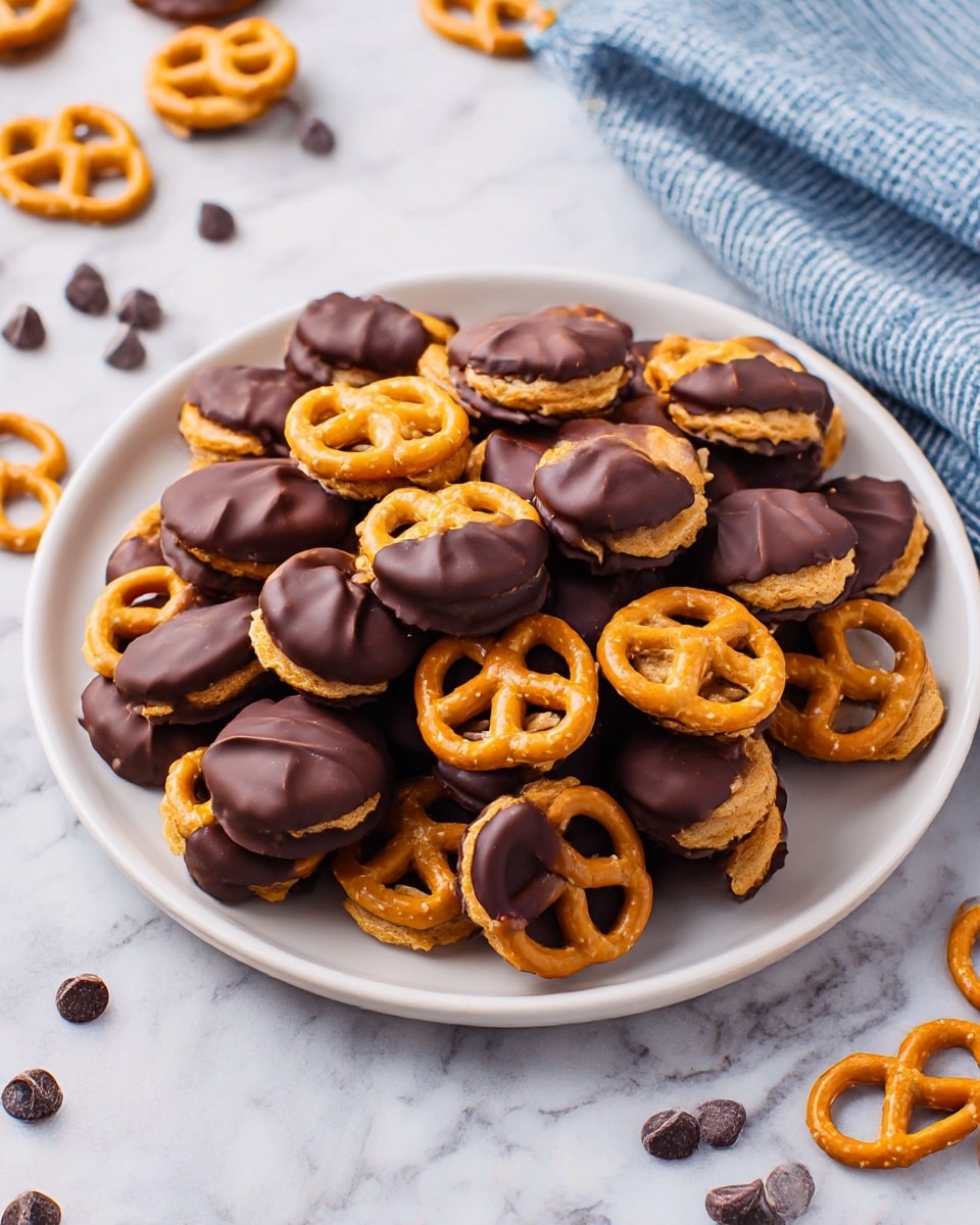 A white round plate is filled with many small pretzel snacks, each made of a golden-brown pretzel twisted into a typical shape, sandwiching a light brown peanut butter center. Half of each pretzel snack is coated in smooth, dark brown chocolate, giving a glossy contrast to the crunchy salty pretzel side. The plate is placed on a white marbled surface with some loose pretzels and dark chocolate chips scattered around. A blue and white striped cloth is slightly visible to the right of the plate. photo taken with an iphone --ar 4:5 --v 7