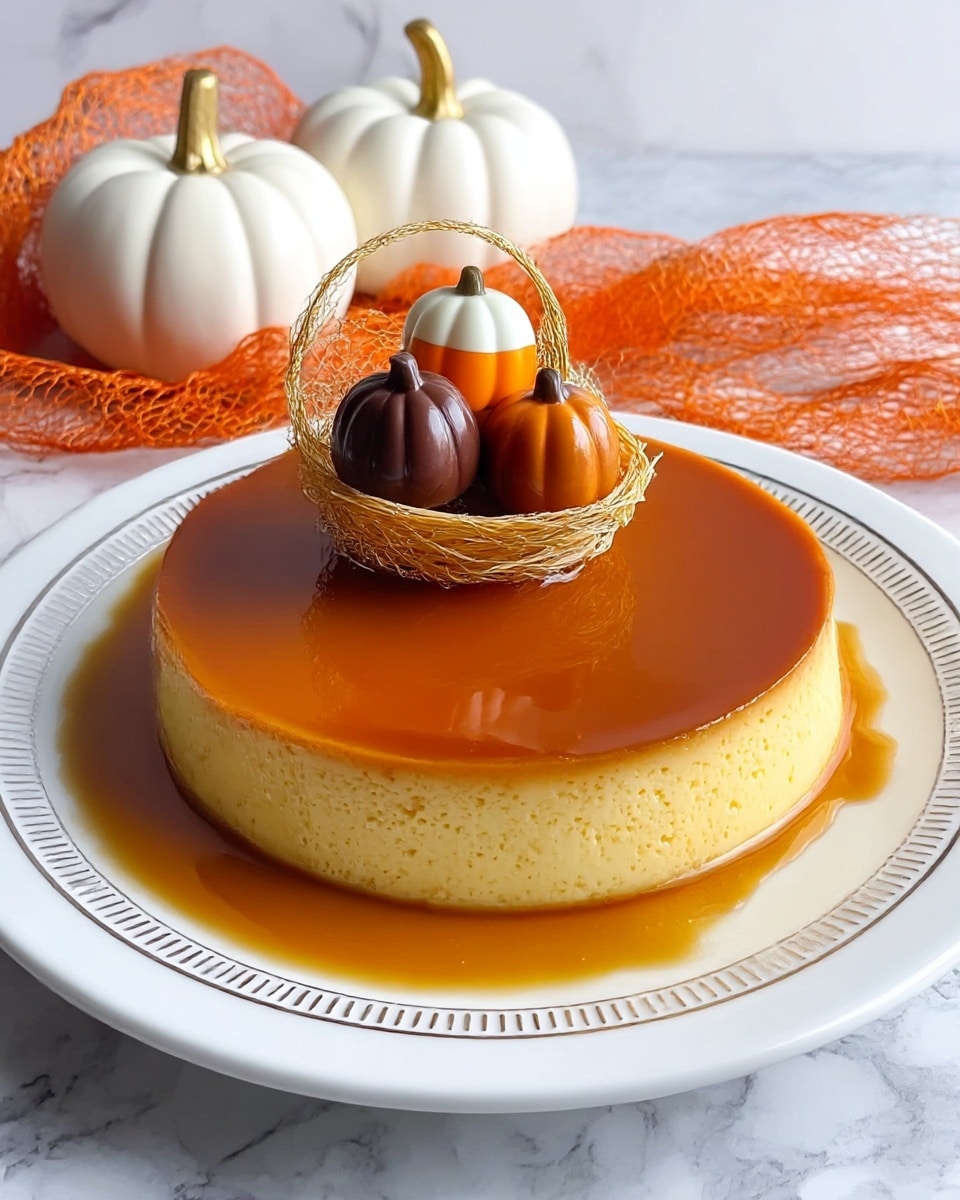 A round two-layer flan dessert sits on a white plate with a decorative rim, placed on a white marbled surface. The bottom layer is pale yellow with a smooth, slightly spongy texture, and the top layer is a rich, glossy amber caramel glaze that drips slightly over the edges. On top of the flan, there is a delicate amber sugar basket holding three small pumpkin-shaped chocolates in dark brown, orange, and white colors. In the background, two small white pumpkins with gold stems and an orange mesh ribbon add a festive touch. photo taken with an iphone --ar 4:5 --v 7