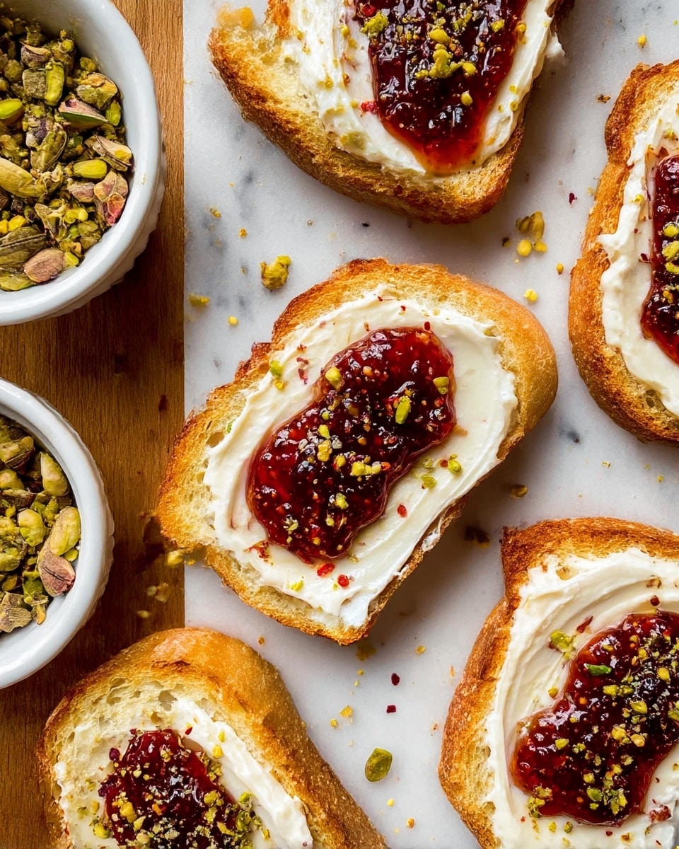 The image shows several toasted bread slices arranged on a white marbled surface. Each slice has three layers: the bottom layer is the golden-brown toasted bread with a slightly rough texture, the middle layer is a smooth, creamy white spread covering most of the bread surface, and the top layer is a glossy, deep red jam placed in the center, sprinkled with small pieces of crushed green pistachios and red chili flakes. On the left side, a white bowl holds extra crushed pistachios, adding a touch of green contrast. The toast pieces are placed close together, some overlapping slightly, with crumbs and bits of pistachio scattered around. photo taken with an iphone --ar 4:5 --v 7