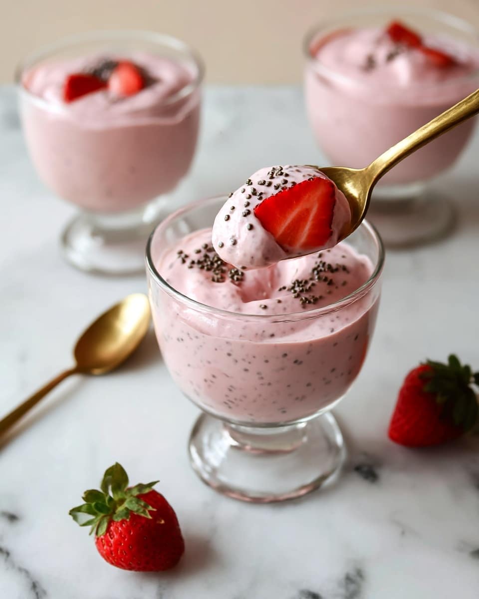 A clear glass dessert cup holds a creamy pink strawberry mousse with visible chia seeds mixed throughout it, topped with additional chia seeds and a slice of fresh red strawberry partially submerged on one side; a gold spoon scoops up a dollop of the mousse, held above the cup. In the background, two more glass dessert cups filled with the same pink mousse and topped with chia seeds are visible, all placed on a white marbled surface. A gold spoon lies on the surface beside the front cup, and two whole strawberries rest nearby. The overall scene feels soft and inviting. photo taken with an iphone --ar 4:5 --v 7