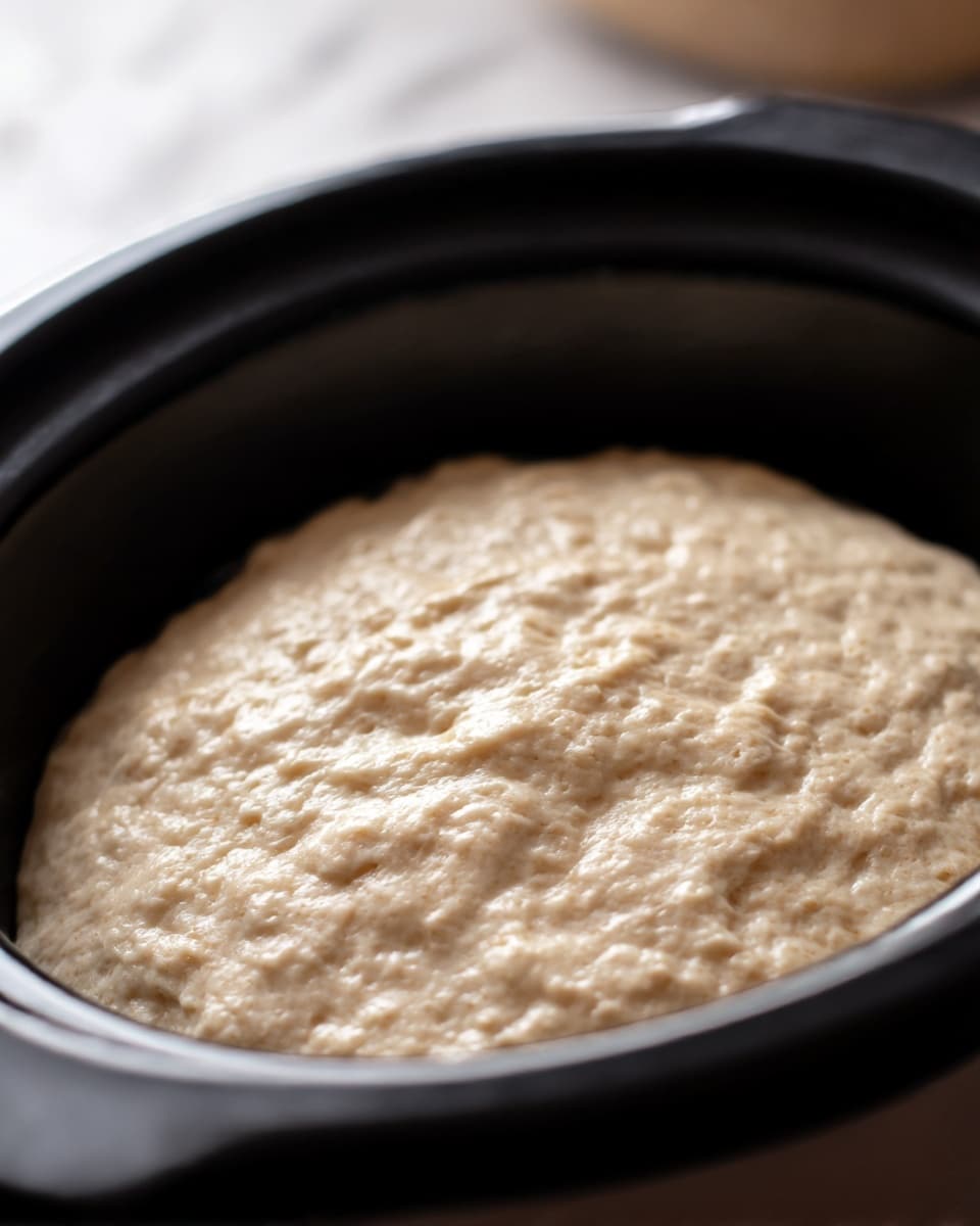 A close-up of risen bread dough inside a black slow cooker, showing one main layer of soft, bubbly, pale beige dough with a slightly uneven, bumpy texture filling the cooker almost to the top. The background is a white marbled texture that is softly blurred, giving full focus to the dough inside the cooker. Photo taken with an iphone --ar 4:5 --v 7