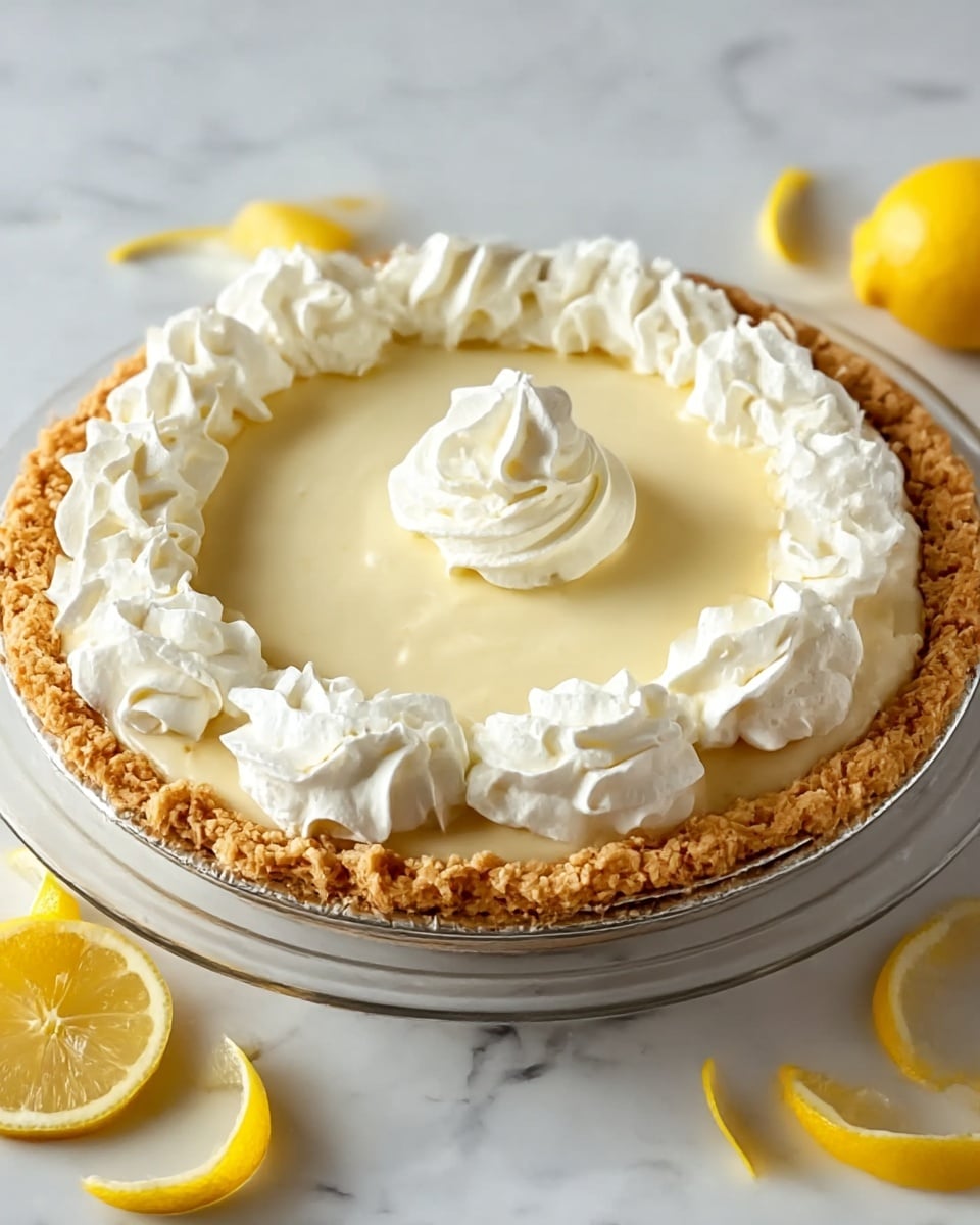 A lemon pie sits on a clear glass plate placed on a white marbled textured surface. The pie has three main visible layers: a golden brown flaky crust forming the base and edge, a smooth pale yellow lemon filling spread evenly inside the crust, and white whipped cream piped all around the edge in decorative swirls with one central swirl on top of the lemon layer. Around the pie, there are thin lemon peel curls and a whole lemon in the background. The photo taken with an iphone --ar 4:5 --v 7