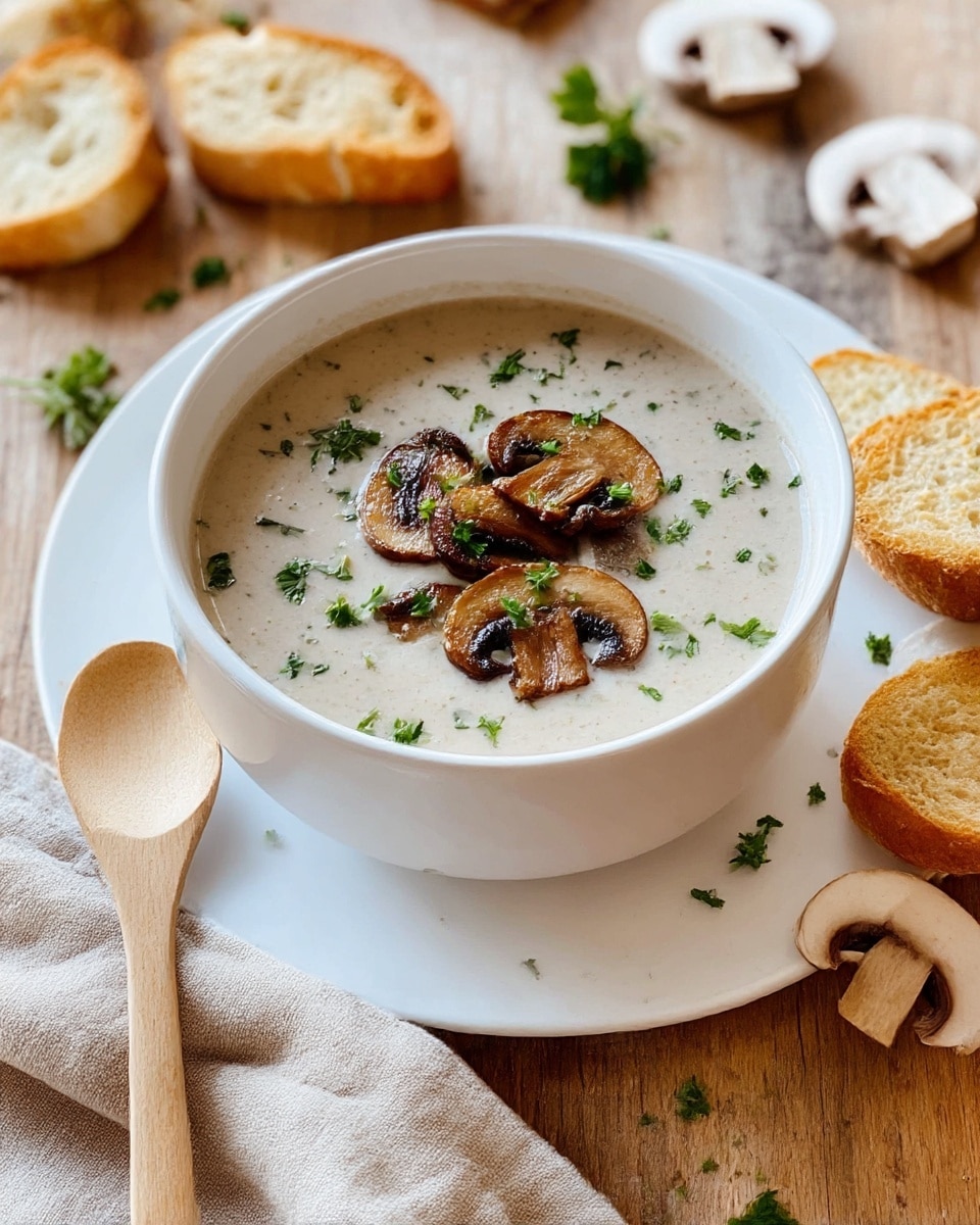 A white bowl is filled with creamy light beige mushroom soup, topped with several browned sautéed mushroom slices and sprinkled with small pieces of fresh green parsley. The bowl is placed on a white plate, all resting on a wooden surface scattered with toasted white bread pieces and a few mushroom slices on the side. In the foreground, a light wooden spoon lies on a beige cloth, adding a warm texture. photo taken with an iphone --ar 4:5 --v 7