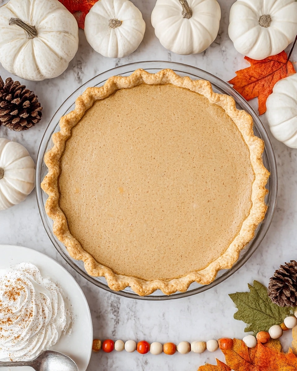 The image shows a single-layer pumpkin pie with a smooth, light brown filling that has tiny darker specks throughout, sitting in a clear glass pie dish. The crust edge is thick, light golden brown, and crimped in a wavy pattern all around. The pie is placed on a white marbled surface surrounded by autumn decorations such as small white and natural-colored pumpkins, a pine cone, orange and green fall leaves, and a beaded garland with orange, white, and beige beads. In the bottom left corner, there is a white plate with a swirl of whipped cream dusted lightly with spice and a silver spoon resting beside it. Photo taken with an iphone --ar 4:5 --v 7