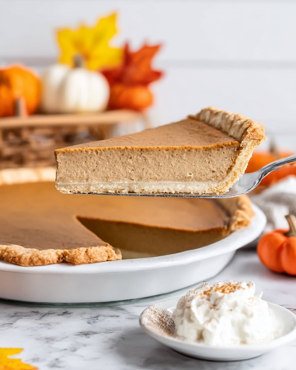A slice of light brown pumpkin pie with a smooth and creamy texture is lifted above a white pie dish filled with the same pie. The pie has one thick layer of dense pumpkin filling topped with a golden-brown baked crust that is slightly flaky and crimped along the edges. The white pie dish sits on a white marbled surface, surrounded by soft blurred autumn decorations in the background, including small pumpkins and bright orange-yellow leaves. A dollop of whipped cream with a small sprinkle of spice is seen on a white saucer in the lower corner. photo taken with an iphone --ar 4:5 --v 7