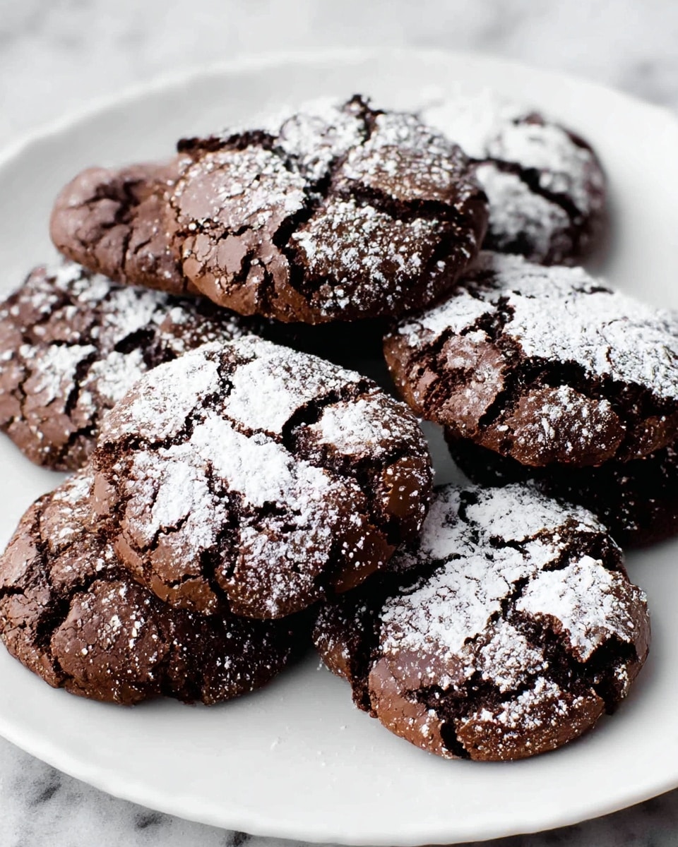 A white plate holds a pile of six dark brown chocolate cookies with a cracked texture on top, revealing the soft inside. Each cookie is dusted with a light layer of white powdered sugar that fills the cracks, giving a contrast between the dark chocolate and white sugar. The cookies are arranged close together in a slightly overlapping manner on a white marbled surface background. photo taken with an iphone --ar 4:5 --v 7