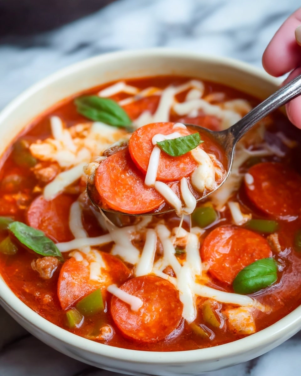 A close-up image of a thick soup served in a white bowl, placed on a white marbled surface. The soup has a rich, deep red tomato base layer filled with layers of thinly sliced orange-red pepperoni pieces scattered throughout. There are small chunks of brown cooked sausage pieces mixed in, along with bits of green bell pepper slices adding contrast. On top of the soup, there are strings of melted white cheese partially covering the pepperoni and vegetables. Some small green basil leaves garnish the soup, adding touches of bright green. A silver spoon is lifting a spoonful of the soup showing the layers clearly, with a woman's hand holding the spoon's handle. Photo taken with an iphone --ar 4:5 --v 7