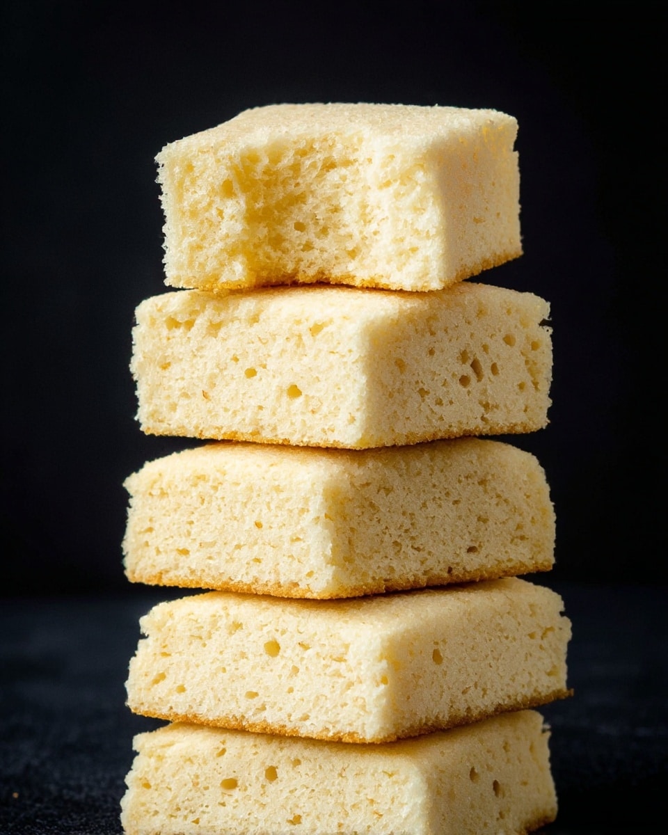 A tall stack of five soft, light yellow sponge cake squares is shown against a black background. The top square has a bite taken from its side, revealing a moist, airy, and fluffy inside texture. Each cake piece has a slightly rough, porous surface with subtle crumb details and tiny holes, showing its softness. The edges are clean but slightly rounded, and the squares are evenly stacked with slight unevenness to show a natural, homemade look. photo taken with an iphone --ar 4:5 --v 7