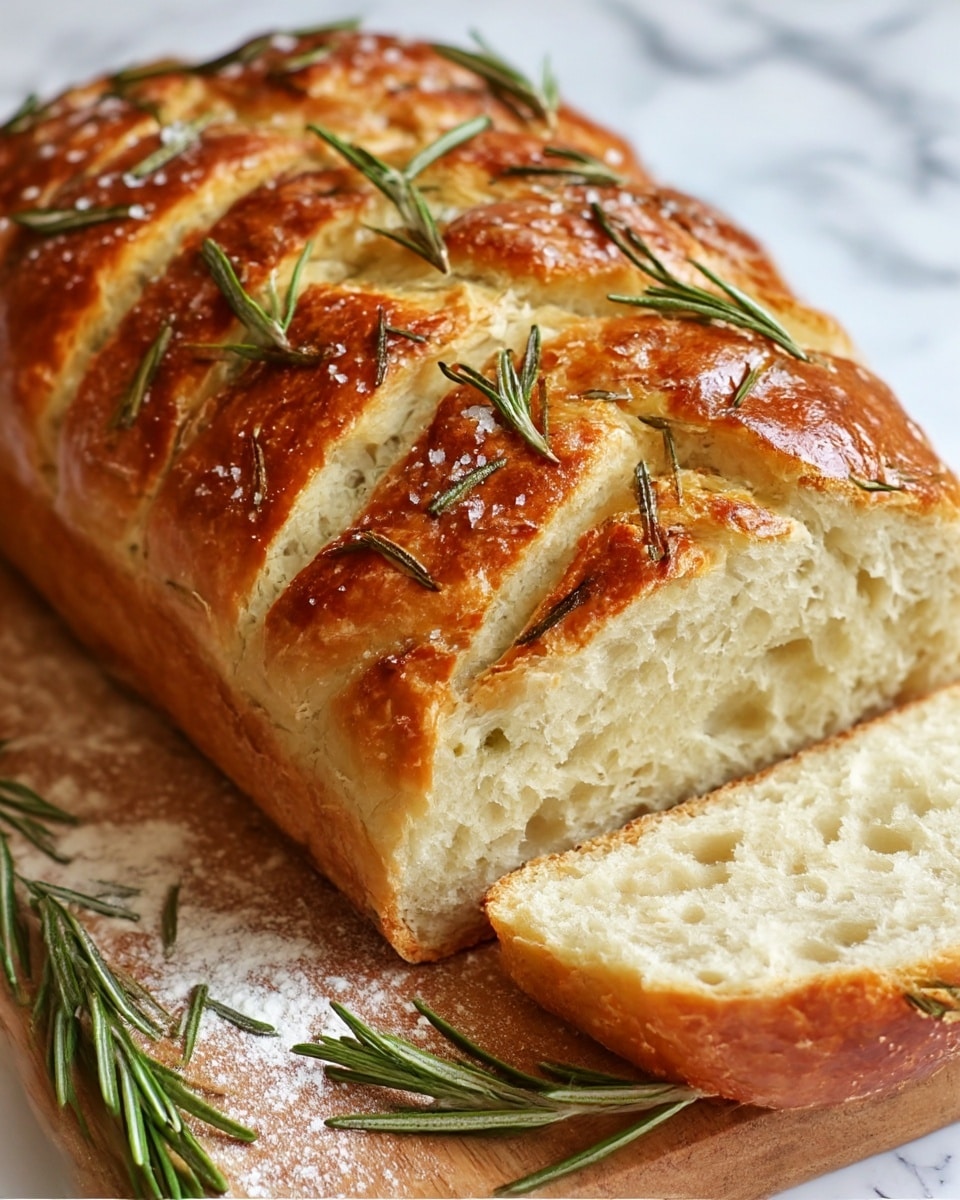 A loaf of golden-brown bread with a shiny, crisp crust is shown close up, topped with scattered sprigs of green rosemary and sprinkled with coarse salt. The bread has several angled cuts across the top, revealing a soft, porous, light beige inside with airy holes. The loaf sits on a wooden board with a few dustings of flour, and some rosemary leaves spread around. The background is a white marbled texture. Photo taken with an iphone --ar 4:5 --v 7