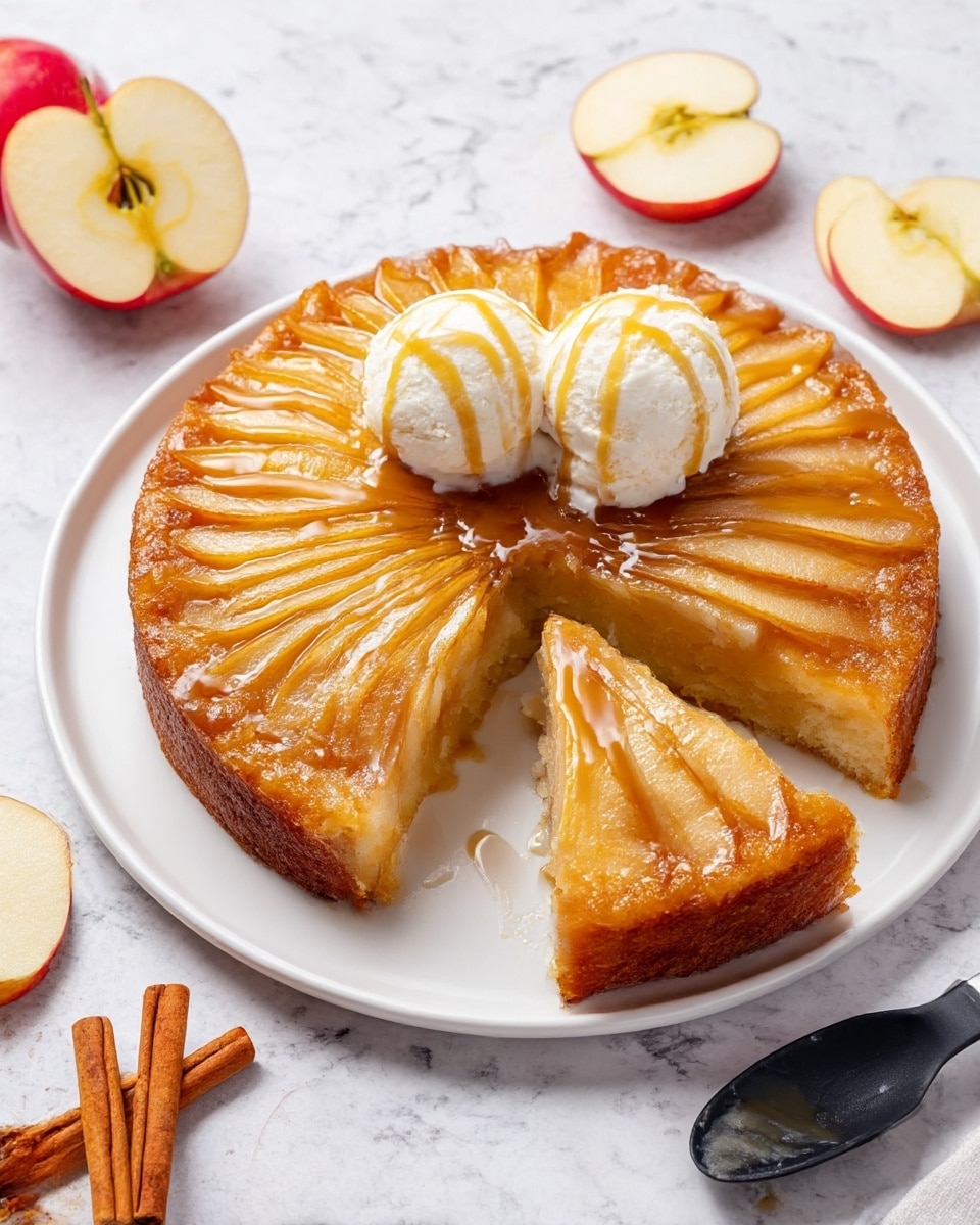 A round upside-down apple cake is placed on a white plate, with a slice removed to show the soft, golden-brown inside. The top layer of the cake features thin, shiny slices of caramelized apples arranged in a fan shape, giving a warm amber color with a glossy texture. On top of the cake, there are two scoops of melting vanilla ice cream covered with drizzled caramel sauce, adding creamy white and light brown tones. The plate sits on a white marbled surface, surrounded by cut apple halves showing the pale yellow flesh and red skin, a whole apple, cinnamon sticks stacked in the corner, and a black scoop with a bit of melting ice cream inside. photo taken with an iphone --ar 4:5 --v 7