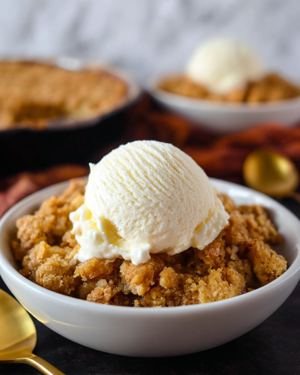 A close-up of a dessert bowl filled with a crumbly, golden brown crumble layer at the bottom, topped by a smooth, creamy white scoop of vanilla ice cream with subtle texture lines, sitting slightly melting over the crumble. The bowl is white, round, and deep, placed on a dark surface with a soft background showing another similar bowl blurred out. A gold spoon is partially visible beside the bowls, and the whole scene is set against a white marbled textured backdrop. Photo taken with an iphone --ar 4:5 --v 7