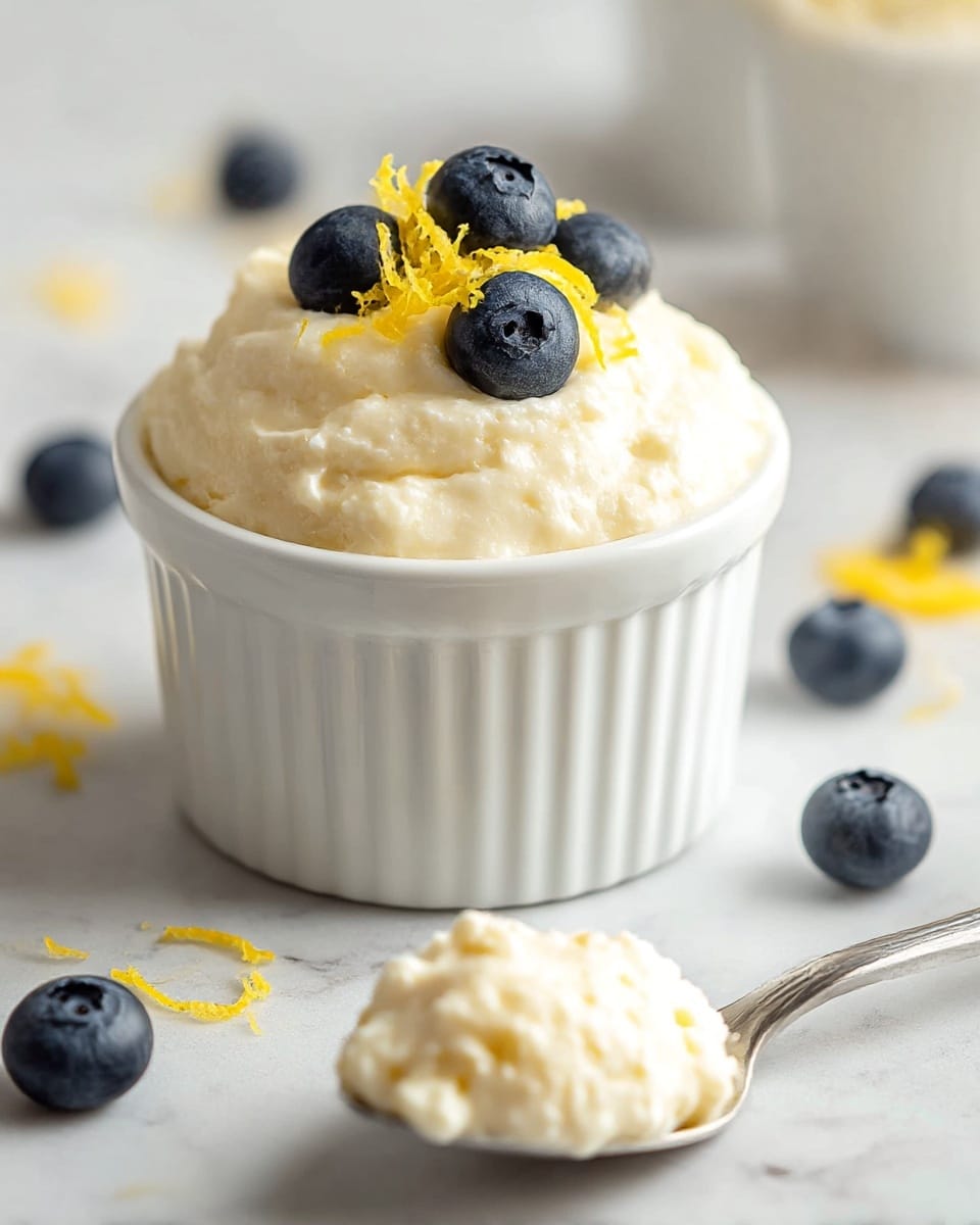 A white ramekin filled with a thick, creamy pale yellow dessert, topped with three plump, dark blue blueberries and a small pile of bright yellow lemon zest strands. The dessert looks smooth and fluffy, piled above the rim of the ramekin with soft peaks. Around the ramekin, a few loose blueberries and scattered lemon zest pieces sit on a white marbled surface. In the foreground, there is a silver spoon holding a dollop of the same creamy dessert, slightly textured. The image is softly lit, focusing closely on the ramekin and spoon. photo taken with an iphone --ar 4:5 --v 7