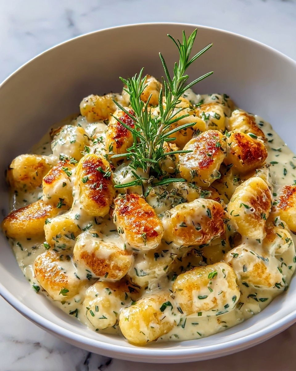 A close-up view of a white bowl filled with golden brown gnocchi covered in a thick creamy sauce sprinkled with finely chopped green herbs. The gnocchi pieces are plump and slightly crispy on the outside with some browned spots, layered in a creamy white sauce mixed with herbs, while a small bunch of fresh green rosemary sits on top as garnish. The bowl is set on a white marbled surface. photo taken with an iphone --ar 4:5 --v 7