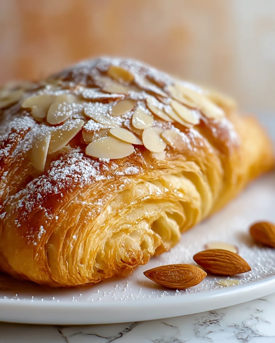 A close-up view of a golden brown, flaky almond croissant placed on a white plate. The croissant has multiple thin, crispy layers visible on the side, showing a light, airy texture. The top is covered with thin, light beige almond slices scattered unevenly and a dusting of white powdered sugar, creating a delicate contrast. A few almond slices and powdered sugar grains also lie on the plate near the croissant. The background is a soft blur of warm tones and a white marbled texture. Photo taken with an iphone --ar 4:5 --v 7