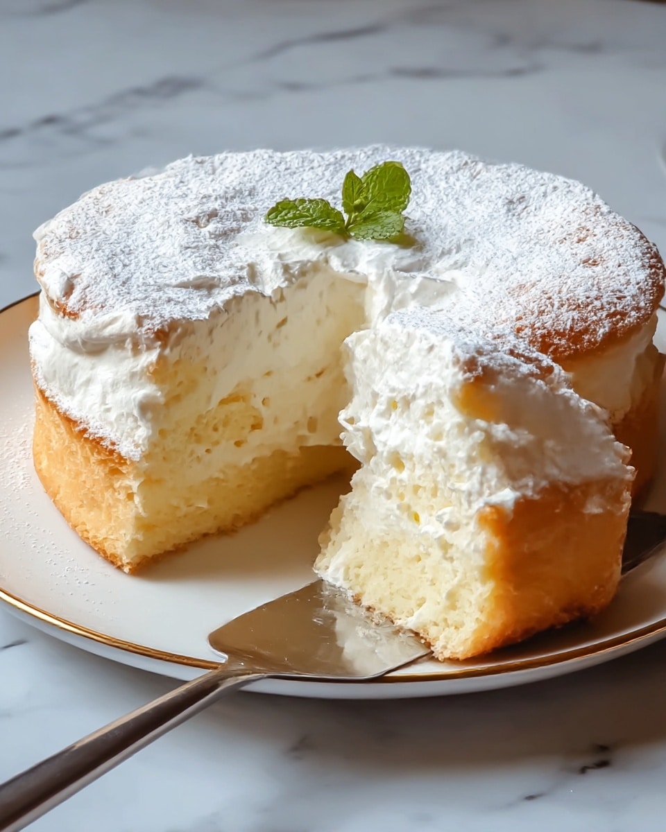 A round, fluffy cake with two visible layers sits on a white plate with a thin gold rim on a white marbled surface. The top layer is light golden brown and dusted with powdered sugar, with a textured surface that looks soft and airy. Inside, a thick layer of white whipped cream fills the cake, showing a rich, smooth texture. The cake has a slice removed, revealing the creamy interior and soft, spongy cake base beneath it. A small green mint leaf garnish rests on top, adding a fresh contrast. A silver cake server lies partly under the cake, its handle extending toward the front. Photo taken with an iphone --ar 4:5 --v 7