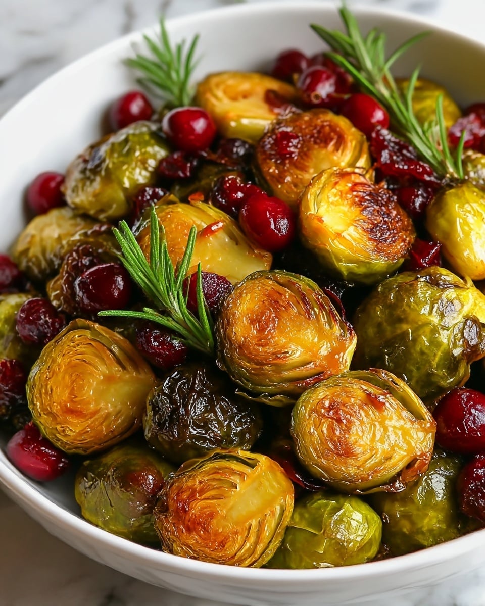 A close-up of a white bowl filled with roasted Brussels sprouts, some cut in half showing golden brown crispy edges and soft inner layers in light yellow and green shades, while whole sprouts have a glazed, slightly charred green outer layer. Scattered among the sprouts are small, deep red dried cranberries adding a bright contrast. The bowl sits on a white marbled surface, creating a clean and fresh look. photo taken with an iphone --ar 4:5 --v 7