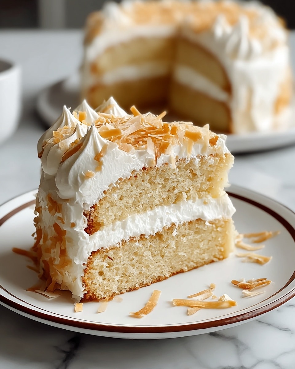 The image shows a small round cake with two layers of soft light beige sponge separated by a thick layer of white cream. The whole cake is covered in a smooth layer of fluffy white cream with dollops on top, sprinkled with golden toasted coconut flakes. The cake sits on a white plate with a thin brown rim, placed on a white marbled surface. In the background, there is a blurred second cake and a white bowl. Photo taken with an iphone --ar 4:5 --v 7