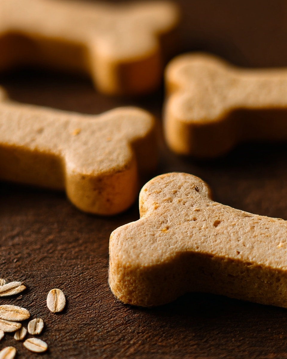 The image shows several bone-shaped treats with a light brown, slightly rough texture, arranged closely on a dark brown wooden surface. The treats have a soft, crumbly appearance with small visible specks inside them and look thick and solid. There are a few oat flakes scattered near the bottom left corner, adding a natural touch. The focus is close-up, highlighting the texture of the treats and the wood grain underneath. Photo taken with an iphone --ar 4:5 --v 7