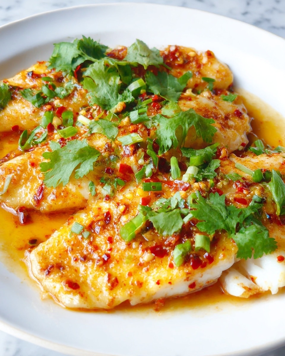The image shows a white plate with three pieces of cooked fish fillets arranged side by side. Each fillet is covered with a golden-brown sauce that appears slightly crispy with red chili flakes and small bits of garlic. Bright green cilantro leaves and small chopped green onions are scattered on top of the fillets, adding a fresh contrast of color. The fish flesh underneath is white and flaky, visible in some parts where the sauce is lighter. The plate sits on a white marbled surface. photo taken with an iphone --ar 4:5 --v 7