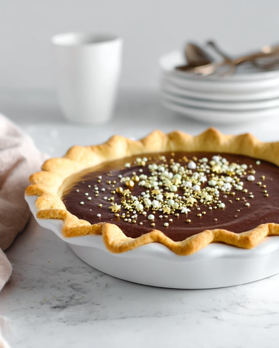 The image shows a pie with three visible layers: the bottom and side crust is golden brown and flaky with a wavy edge, the middle layer is smooth, dark, glossy chocolate filling, and the top is decorated with small round and star-shaped sprinkles in white, gold, and pale green colors scattered in the center. The pie sits on a white marbled surface, with a white pie dish holding it. In the background, there is a white cup and some white plates stacked with silver utensils on them. A woman's hand is holding a utensil to the side. photo taken with an iphone --ar 4:5 --v 7