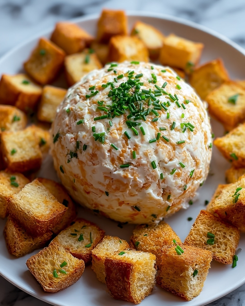 The image shows a single large round cheese ball placed in the middle of a white plate filled with small toasted bread cubes. The cheese ball has a creamy white base mixed with light golden brown patches and is generously sprinkled with chopped green chives on top and sides. The bread cubes surrounding the cheese ball are golden brown with a slightly crispy texture and some green chive pieces on top. The plate rests on a white marbled surface. photo taken with an iphone --ar 4:5 --v 7