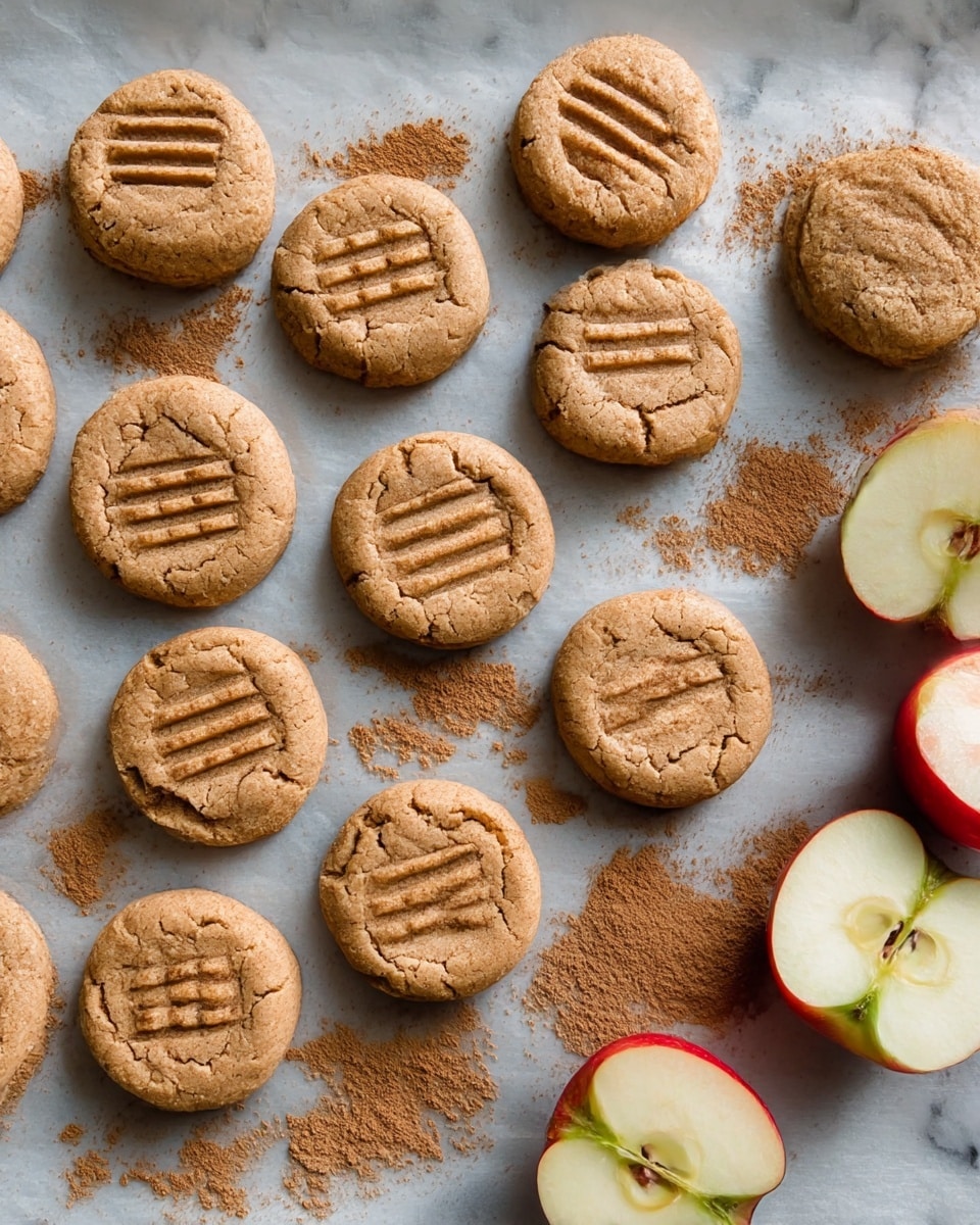 The image shows a close-up of 15 round cookies with light brown color and slightly cracked surfaces, each marked with three fork lines on top, arranged neatly in three rows on parchment paper. Around the cookies, there are thin patches of brown cinnamon powder scattered on the paper. On the right side, there are three halves of red and green apples with visible seeds and stems, adding a fresh touch next to the baked cookies. The whole scene is set on a white marbled texture surface. Photo taken with an iphone --ar 4:5 --v 7