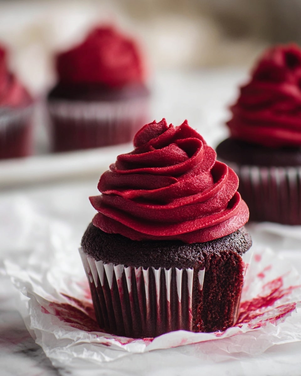 A dark chocolate cupcake sits at the center with a deep red swirl of thick, smooth frosting on top, shaped in multiple curved layers that twist upward like a soft peak. The cupcake liner is white with red streaks, partially peeled down, showing the rich, dark brown cake inside. Behind it, blurred but visible, are two more cupcakes with the same red frosting. The cupcake is placed on crumpled white paper on a white marbled surface, with soft light highlighting the creamy texture of the frosting photo taken with an iphone --ar 4:5 --v 7