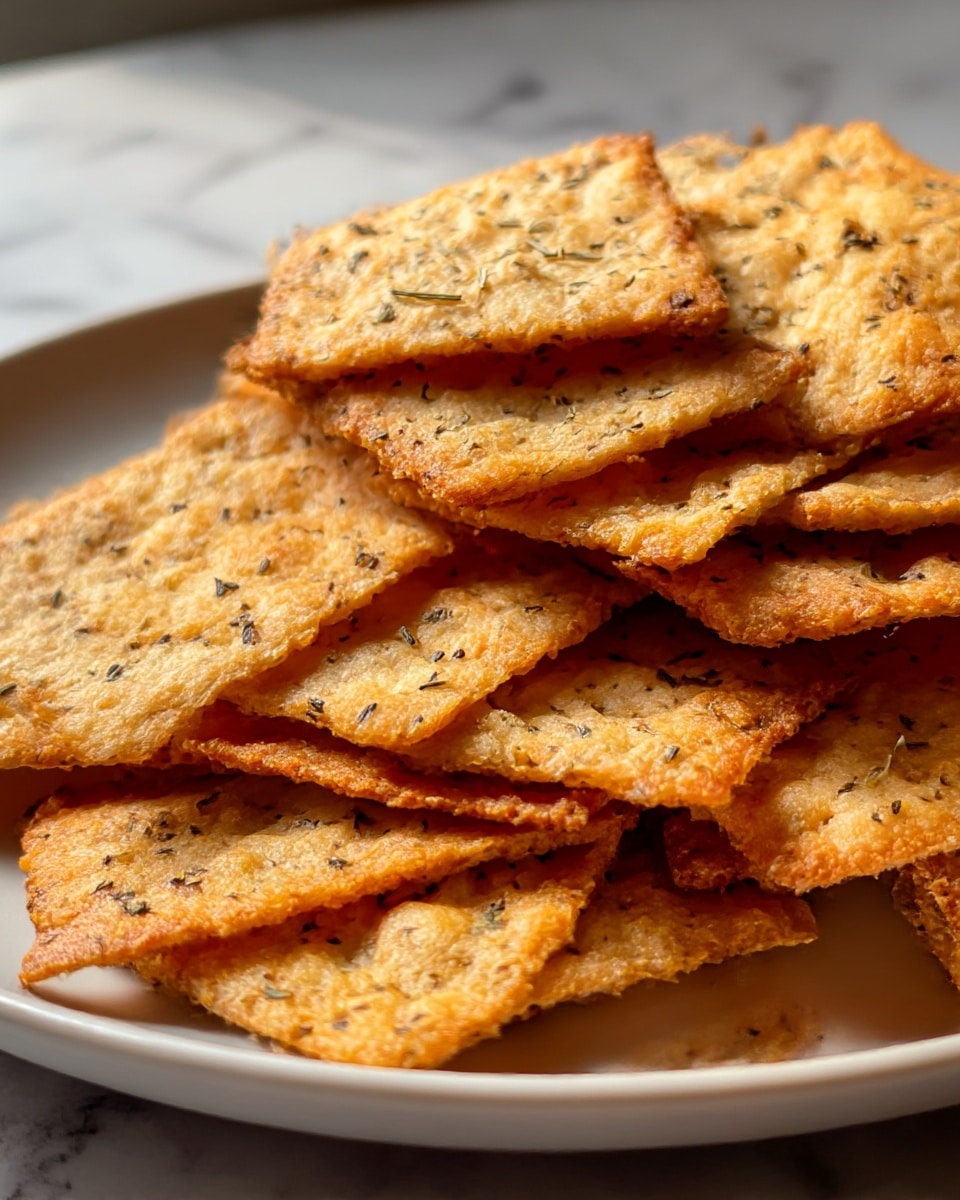 A close-up of a stack of crispy, golden-brown crackers on a white plate, each cracker square-shaped and thin with a rough texture. The crackers have small black and green herbs sprinkled all over, giving a speckled look. The edges are slightly darker and toasted, showing a crunchy finish. The plate is set on a surface with a white marbled texture. Soft light from the side highlights the crispiness and baked details on the crackers. photo taken with an iphone --ar 4:5 --v 7