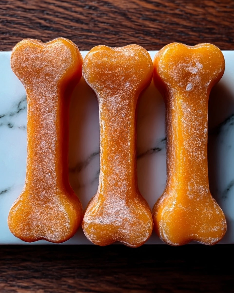 The image shows three orange, bone-shaped frozen treats placed horizontally on a dark wooden surface, now imagined as a white marbled texture. Each treat has a glossy surface with a frosty, icy coating that gives a textured look with some white frost spots visible. The shape resembles a dog bone, with bulging ends and a narrower middle. The orange color varies slightly, with areas that appear more translucent and others more solid. The items are closely lined up in a row with a soft, natural light highlighting their shiny, icy texture. photo taken with an iphone --ar 4:5 --v 7