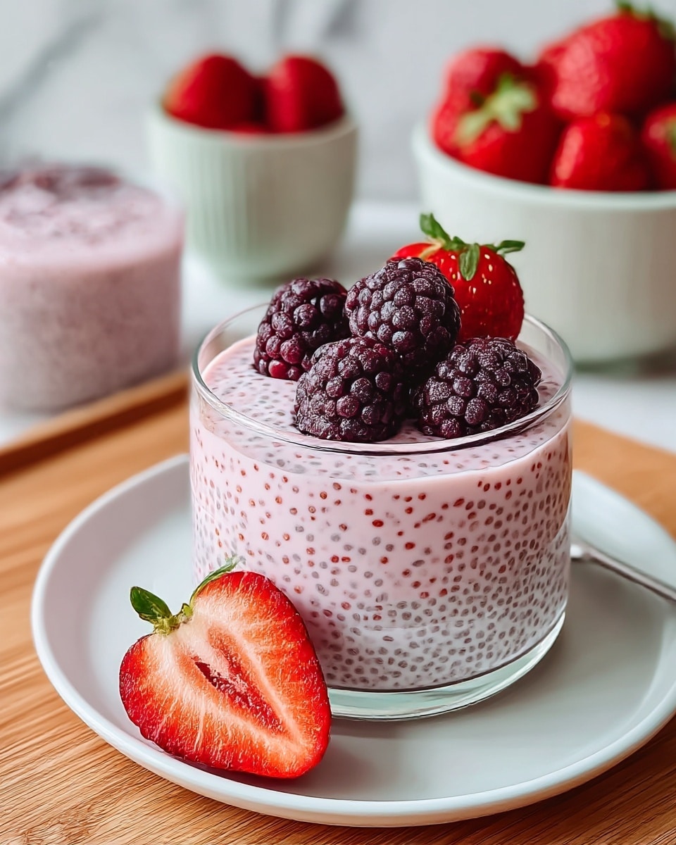 A clear glass bowl with two visible layers, the bottom layer is creamy pale pink with small reddish chia seeds evenly spread throughout, the top layer is smooth and light pink, topped with six frozen dark purple blackberries and four whole bright red strawberries, one of them is cut in half showing the fresh red inside and green leaves. The bowl sits on a white plate placed on a wooden surface, in the background are two more bowls, one filled with whole strawberries and the other showing more chia pudding, all set against a white marbled texture. Photo taken with an iphone --ar 4:5 --v 7