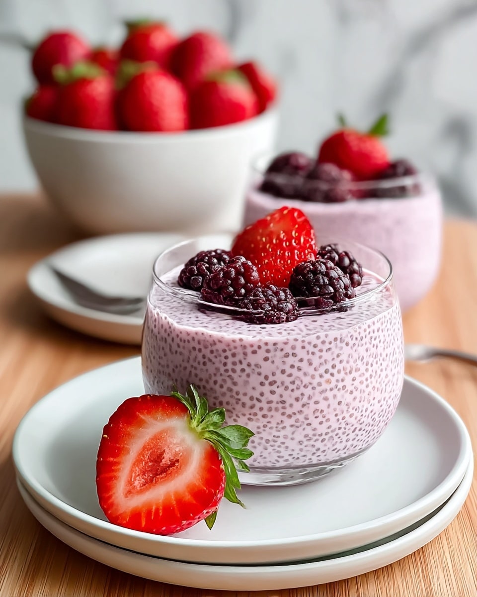 A clear glass bowl filled with two layers of light pink chia pudding speckled with tiny chia seeds, topped with fresh whole strawberries and frozen blackberries, one strawberry cut in half revealing a bright red inside with green leaves, placed on a white plate. Behind it, another similar glass bowl also filled with pink chia pudding and topped with whole strawberries sits on a white plate, and in the background a white bowl full of whole strawberries is visible. All bowls rest on a wooden surface with a white marbled texture in the background. Photo taken with an iphone --ar 4:5 --v 7