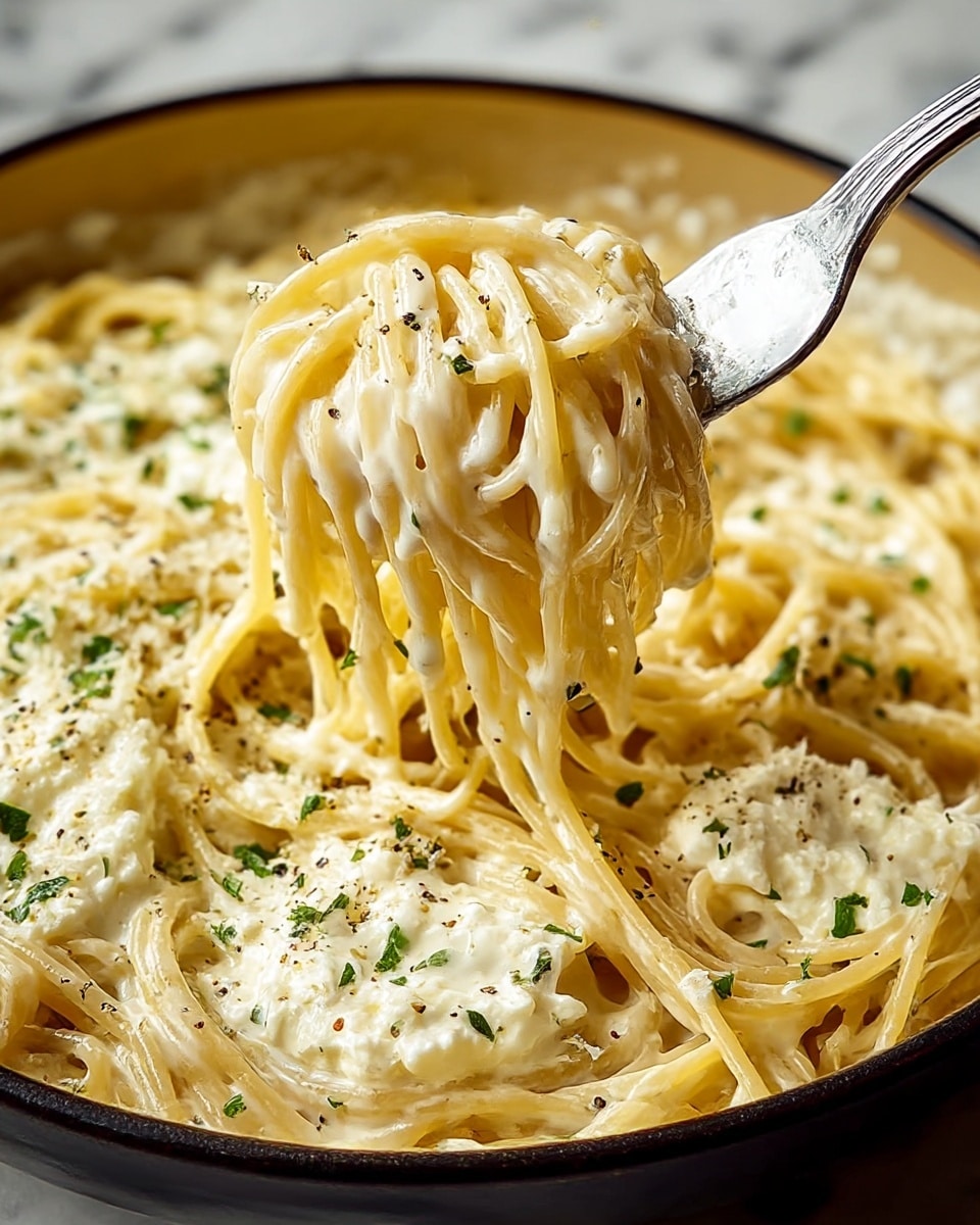 A white bowl filled with creamy baked pasta, showing several layers. The bottom layer is soft, yellow pasta noodles, covered by a thick, smooth white cheese sauce. On top, there is a golden-brown melted cheese layer with toasted spots and bits of black pepper sprinkled all over, adding texture. Small green parsley pieces are scattered evenly on the surface. A fork is lifting a portion of the cheesy pasta from the bowl, with gooey cheese stretching between the fork and the dish. The background shows a blurry bunch of green herbs and a wooden surface, all on a white marbled texture. Photo taken with an iphone --ar 4:5 --v 7