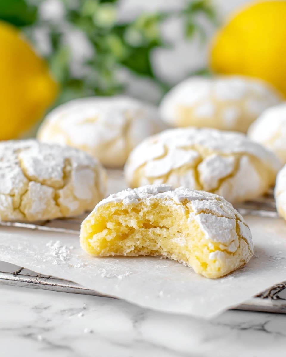 The image shows soft, round lemon crinkle cookies covered in white powdered sugar, arranged on a sheet of parchment paper over a wire rack. One cookie is broken in half at the front, revealing a moist, light yellow inside with a crumbly texture. The cookies have a cracked sugar surface showing their tender interior. In the blurred background, there is a lemon and fresh green plants adding a fresh touch. The whole scene is set on a white marbled texture. photo taken with an iphone --ar 4:5 --v 7