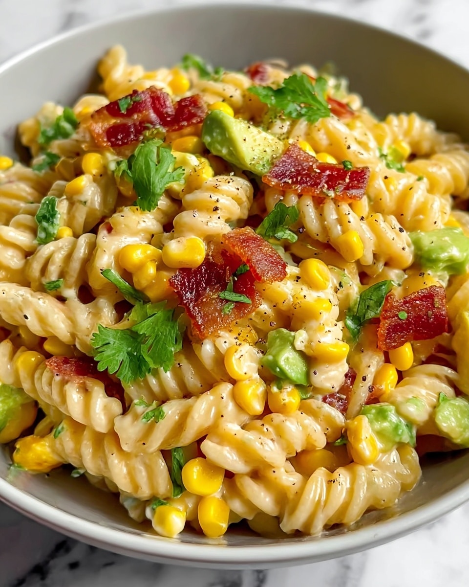 A close-up view of a white bowl filled with creamy rotini pasta mixed with bright yellow corn kernels and small green avocado pieces. There are crispy, reddish-brown bacon slices scattered throughout, along with fresh green cilantro leaves sprinkled on top. The pasta has a smooth, slightly shiny texture, and there are small specks of black pepper visible above the mix. The background is a white marbled texture, enhancing the colors of the dish. photo taken with an iphone --ar 4:5 --v 7