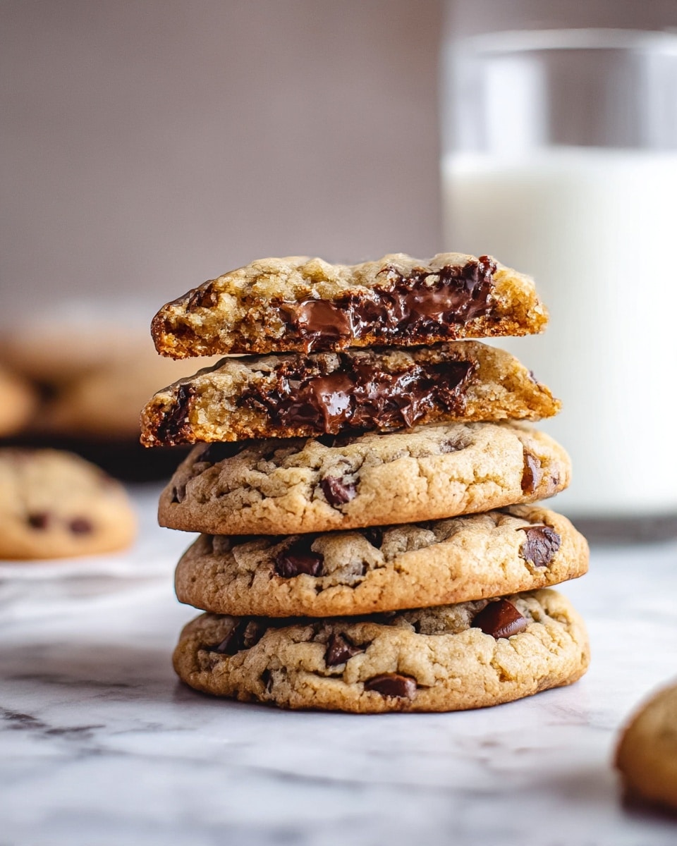 A stack of four thick chocolate chip cookies is shown on a white marbled surface, with three whole cookies forming the bottom layers in light golden brown with scattered dark chocolate chips, and the top layer is a half cookie broken in half revealing gooey melted chocolate inside. The cookies have a soft texture with a slightly crispy edge and uneven surface. In the blurred background, there is a tall clear glass of milk. The whole scene is warm and cozy, focused closely on the cookie stack. photo taken with an iphone --ar 4:5 --v 7