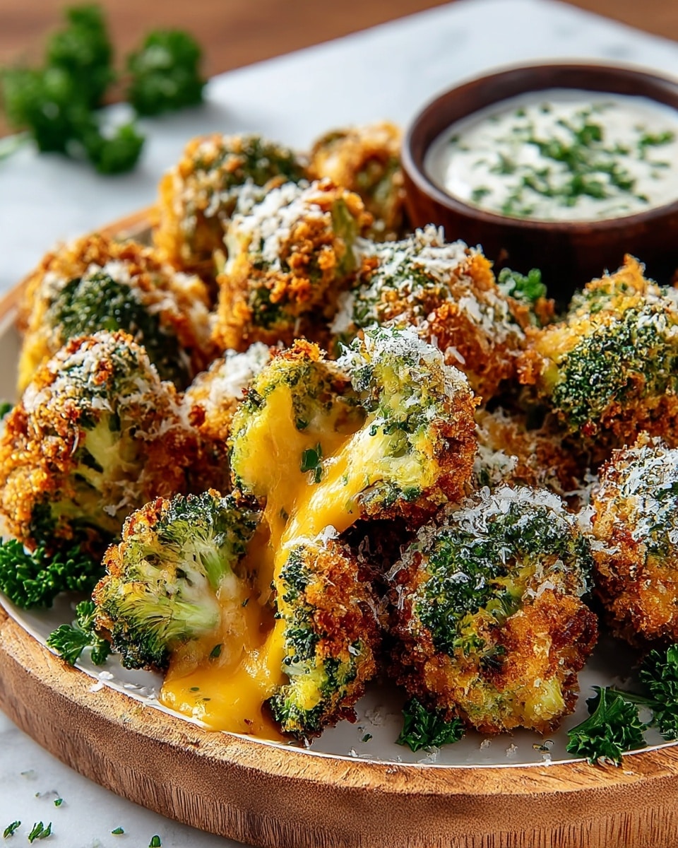 The image shows a white round wooden plate filled with crispy fried broccoli pieces, each coated in a golden brown crunchy breadcrumb layer. The broccoli inside is bright green, with some pieces cut open to reveal gooey melted yellow and white cheese oozing out. The broccoli florets are sprinkled with grated white cheese, adding texture. Bright green parsley garnishes the plate around the broccoli. In the upper right corner, a small dark cup of creamy white dipping sauce with chopped green herbs is partially visible. The scene is set on a white marbled surface. photo taken with an iphone --ar 4:5 --v 7