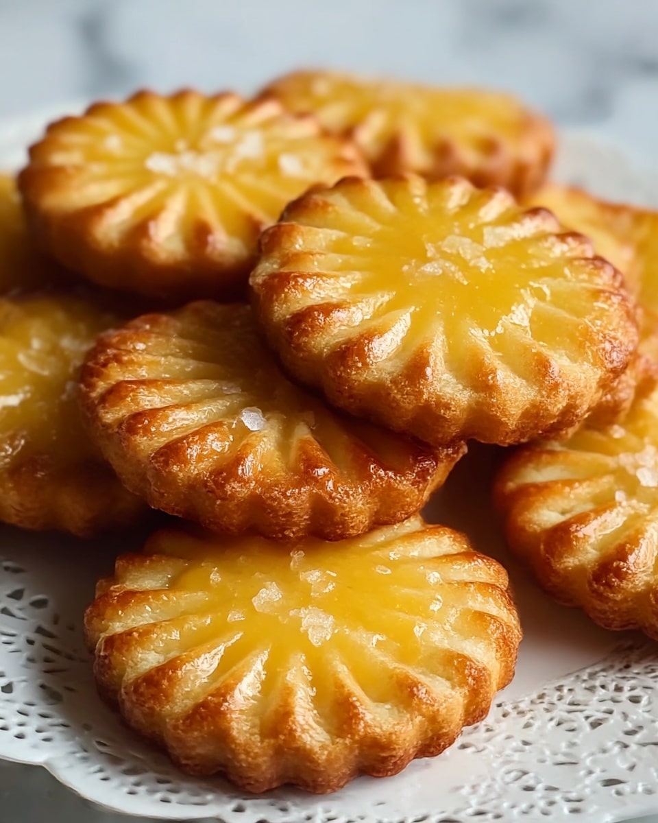 The image shows a close-up of a stack of small round pastries with a scalloped edge, arranged on a white plate with a delicate lace-like rim. Each pastry has a golden brown crust with a shiny, slightly caramelized yellow glaze in the center, which appears smooth and slightly translucent. The top surface of the pastries is decorated with ridged patterns radiating from the center, giving them a sunburst look. Coarse white sugar crystals are sprinkled on top, adding texture and sparkle. The background features a white marbled texture. photo taken with an iphone --ar 4:5 --v 7