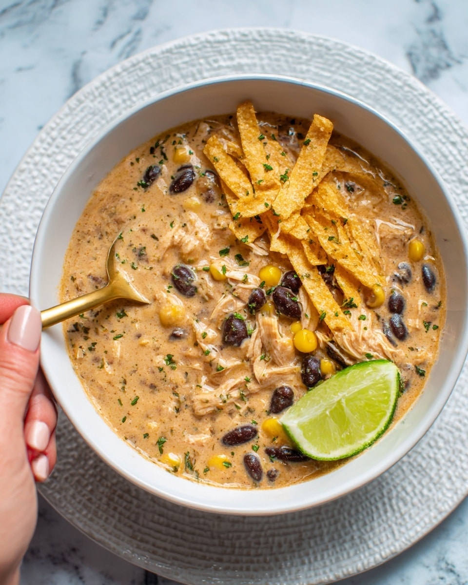 A white bowl filled with creamy, chunky soup that has a light brown color with visible black beans, corn kernels, and shredded pieces of chicken mixed throughout. The soup is topped on one side with golden crispy tortilla strips, and a bright green lime wedge rests beside them, slightly embedded in the soup. The soup surface is sprinkled with small green herb flakes for garnish. A gold spoon is partially dipped into the soup on the left side, with a woman's hand holding it. The bowl sits on a textured white plate, set on a white marbled surface. Photo taken with an iphone --ar 4:5 --v 7