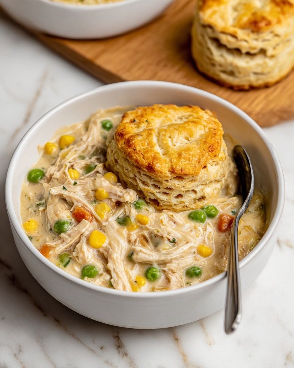 A white bowl filled with a thick chicken and vegetable stew, showing shredded chicken pieces, bright yellow corn, green peas, and small chunks of orange carrot in a creamy, light beige sauce. On top of the stew, there is a golden-brown biscuit with a flaky, layered texture. A silver spoon rests inside the bowl on the right side, and in the background, there is another biscuit on a wooden surface, all set against a white marbled background. photo taken with an iphone --ar 4:5 --v 7