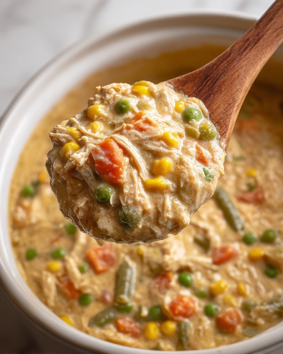 The image shows a close-up of a thick creamy mixture in a white bowl with visible chunks of shredded light brown chicken, bright yellow corn kernels, green peas, green beans, and orange carrot pieces mixed through a beige sauce. Each ingredient adds color and texture: soft shredded chicken layered throughout, small round peas and corn scattered, and diced carrots and beans adding contrast. A wooden spoon lifts a spoonful from the bowl, highlighting the chunky, hearty texture of the stew against a white marbled surface in the background. photo taken with an iphone --ar 4:5 --v 7