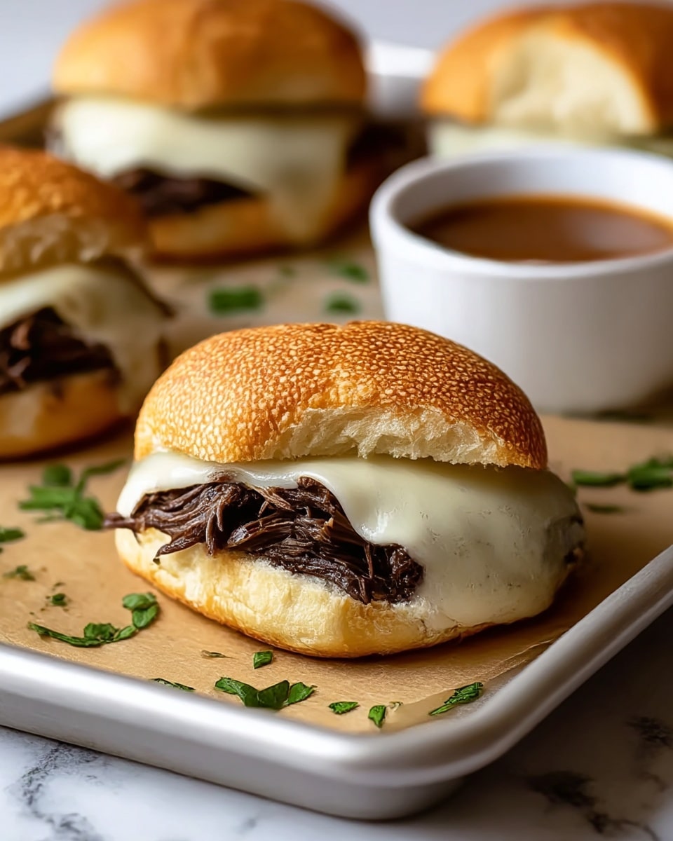 The image shows a close-up of a sandwich on a white bun with a textured, golden-brown crust. Inside, there is a layer of dark, shredded beef, topped with a layer of melted white cheese that drapes over the beef. The sandwich is placed on a tray with parchment paper, with some green herbs scattered around for garnish. In the background, there are other similar sandwiches, slightly out of focus, and a small white bowl filled with brown dipping sauce. The surface beneath everything is a white marbled texture. photo taken with an iphone --ar 4:5 --v 7