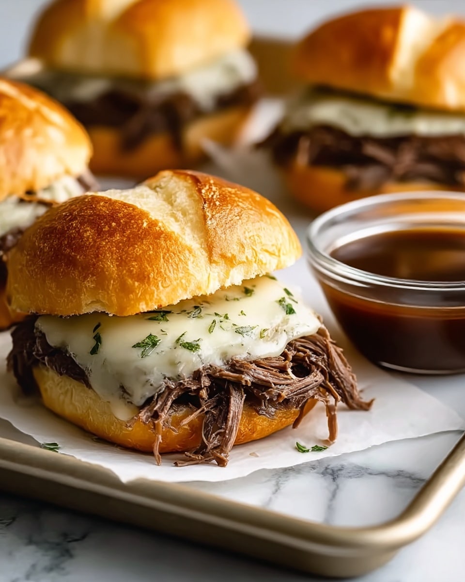 The image shows a close-up of a sandwich with three layers: the top bun is golden brown and crusty, the middle layer is melted white cheese with small herbs, and the bottom layer is a thick pile of dark brown shredded beef. The sandwich sits on white parchment paper on a tray, next to a small clear glass bowl filled with dark brown dipping sauce. In the background, there are more sandwiches slightly out of focus, all resting on a white marbled surface. Photo taken with an iphone --ar 4:5 --v 7